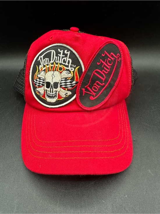 Von Dutch Accessories - VTG Von Dutch Hat Cap Red Double Patch Distressed Mesh Trucker Snapback Skull